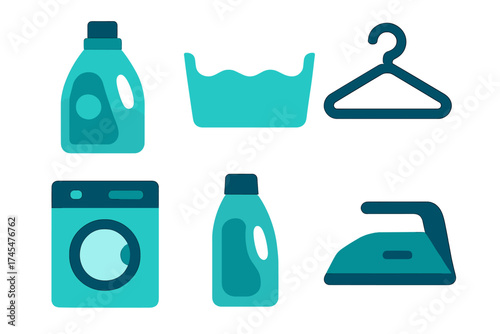 Essential laundry and household cleaning items including washing machine, detergent, and iron