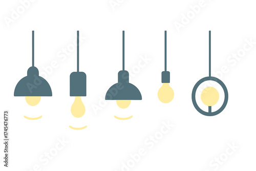 Minimalist set of various hanging ceiling light fixtures and glowing bulbs