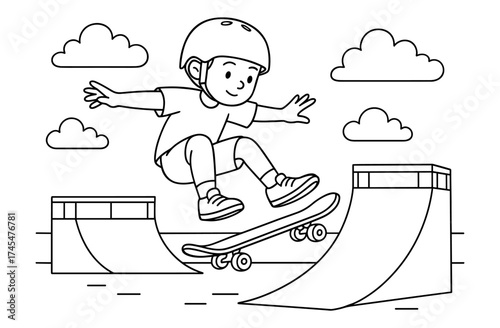 Playful child skateboarding line art with ramps and clouds