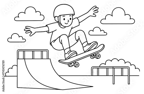 Happy child skateboarding in park with ramp and clouds in simple line art