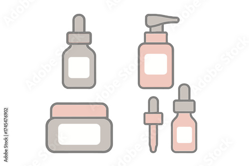 Minimalist cosmetic containers set including serum dropper bottles, cream jar, and pump dispenser