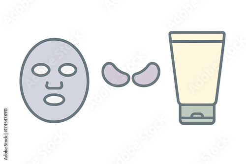 Skincare routine set including facial sheet mask, under eye patches, and cosmetic cream tube