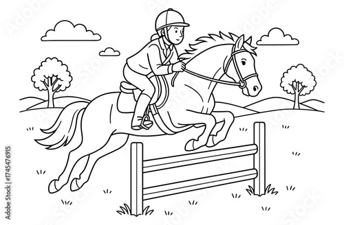 Equestrian adventure: rider and horse jumping in a scenic landscape