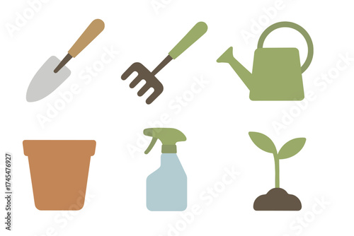 Collection of essential gardening tools including trowel rake watering can and seedling