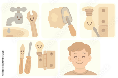 Smiling household repair tools and happy man ready for home maintenance tasks