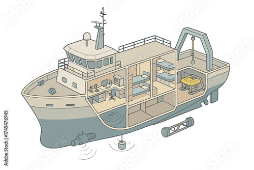 Detailed cross section of a scientific research vessel showing interior layout and equipment bay