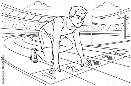 Athlete ready to sprint in stadium track outline with numbered lanes