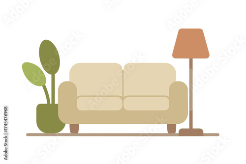 Minimalist living room interior with comfortable beige sofa, potted plant, and floor lamp