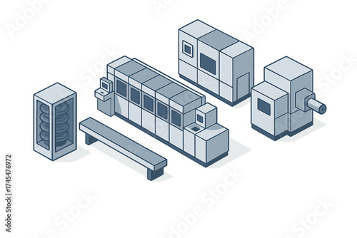 Automated industrial manufacturing equipment assembly line machinery in isometric view