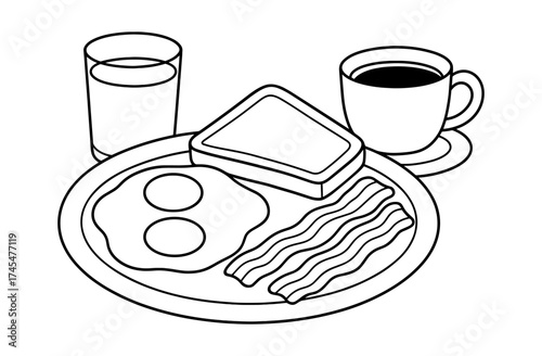 Classic breakfast outline: eggs, bacon, toast, coffee, and juice in minimalist design