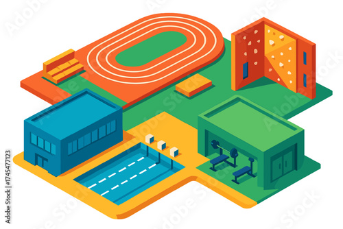 Modern isometric sports complex layout with running track, swimming pool, fitness gym, and climbing wall area