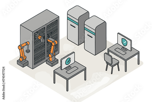 Isometric view of automated data storage system featuring robotic arms and secure workstations