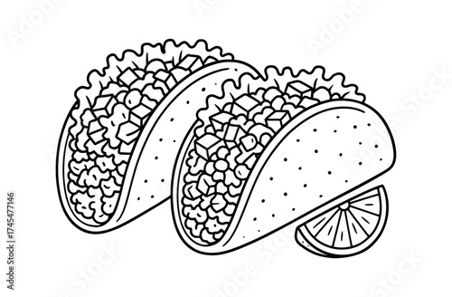 Outlined tacos with fillings and lime slice in black and white design