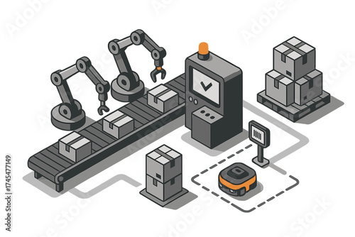 Modern smart warehouse automation system with robotic manipulators, conveyor belt, and AGV technology