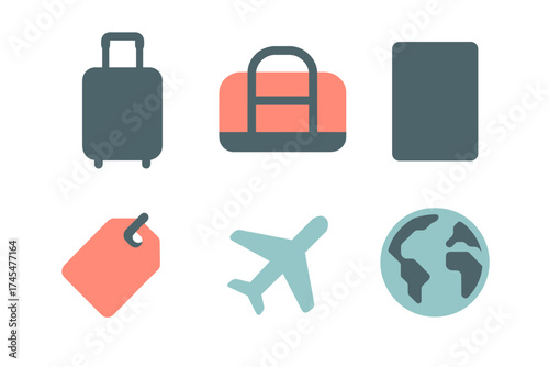 Essential travel and vacation symbols including luggage, airplane, globe, and tag