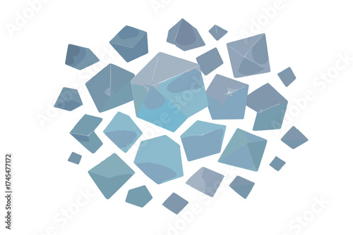 Floating abstract geometric shapes with translucent blue and cyan gradients on a white background