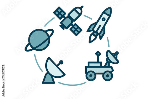 Space exploration technology symbols featuring planet, satellite, rocket, and rover