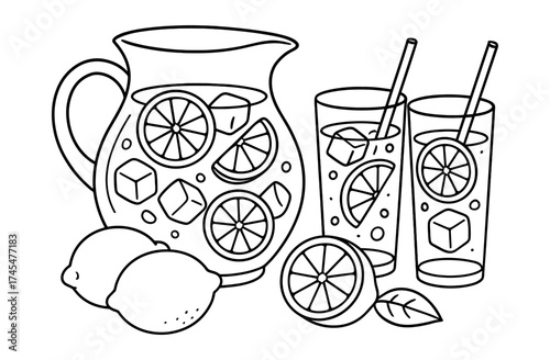Refreshing lemonade and citrus slices in outline style for coloring activities