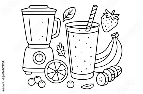Line art smoothie blender with fruits and leaves in black and white