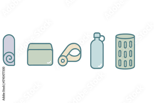 Essential fitness and workout equipment featuring yoga mat, exercise block, resistance band, water bottle, and foam roller