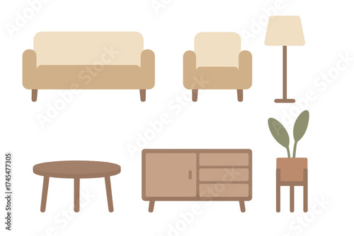 Minimalist interior furniture set including sofa armchair cabinet and lamp