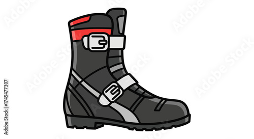 Black and Red Motorcycle Boot with Buckles and Straps.