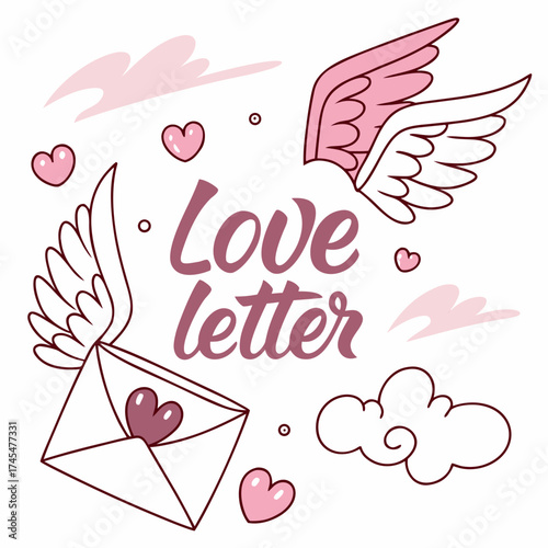 Flying love letter with wings and hearts