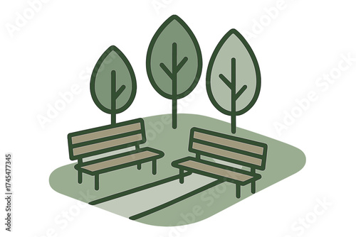 Public park area featuring two wooden benches and three stylized trees along a walking path