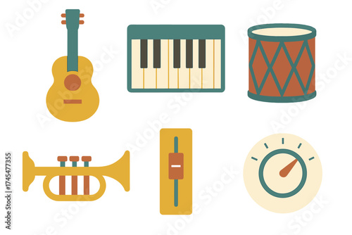 Flat design symbols of musical instruments and sound mixing equipment