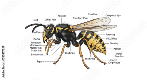 Detailed Anatomical Diagram of a Yellow and Black Striped Wasp Insect.