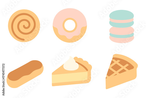 Assortment of sweet baked goods including donut, eclair, macarons, and pie slices