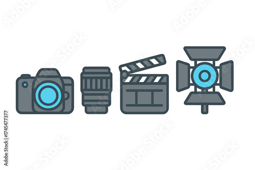 Collection of flat design icons representing film and photography production equipment including camera and clapperboard
