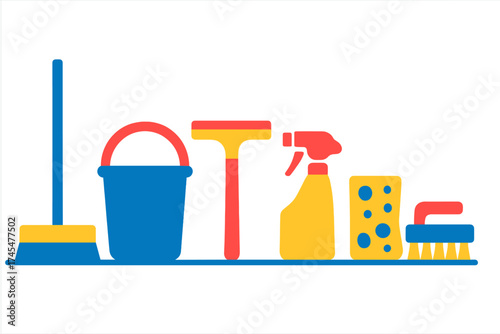 Essential household cleaning tools and equipment set arranged in a horizontal row