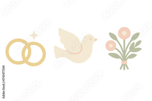 Minimalist wedding symbols set featuring gold rings, flying dove, and floral bouquet