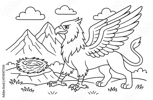 Griffin coloring page: mythical creature nest scene for kids