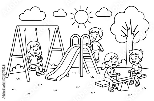 Children playing joyfully at playground under the sun in outline style
