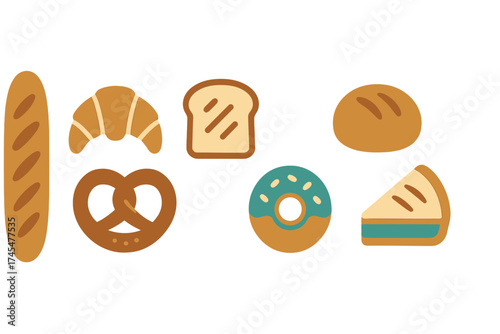 Collection of baked goods and sweet desserts including bread, croissant, pretzel, and donut