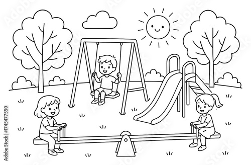 Playful kids enjoying seesaw, slide, and swing on a sunny day in the park
