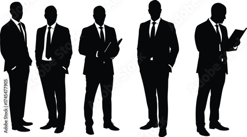 Businessman silhouette vector set with five standing poses, suits, documents, confident posture, professionalism, leadership, and corporate attire