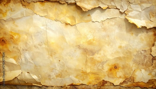 old textured paper surface, visible fibers, aged yellow tint, torn edges, soft shadow lighting.
