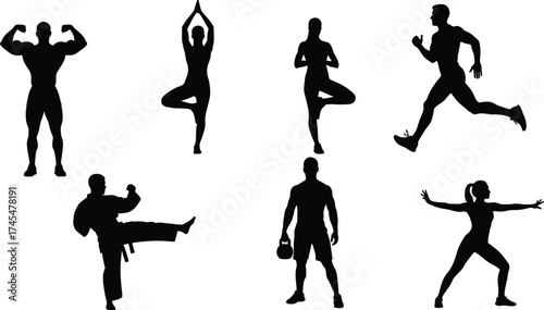 Fitness silhouette vector set with bodybuilding, yoga, martial arts, running, kettlebell, aerobic pose, strength, balance, and flexibility