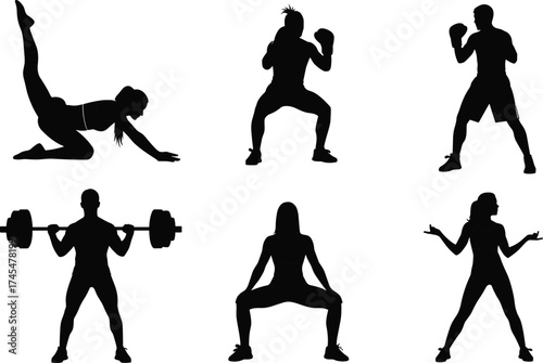 Fitness silhouette vector set with yoga, boxing, barbell, squat, celebration pose, stretching, strength training, and athletic movement