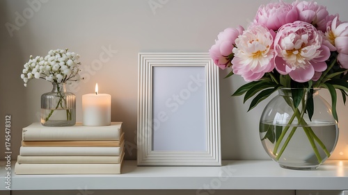Cozy Shelf Display with Peonies, Candle, Books, and Empty Picture Frame pink flowers bouquet