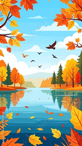 Scenic autumn landscape with a lake, trees, and sky