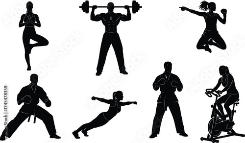 Fitness and exercise silhouette vector set with yoga, weightlifting, martial arts, plank, cycling, flexibility, strength, and discipline