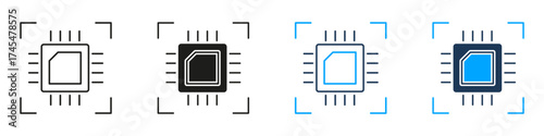 Microchip In Focus Digital Processor Line and Solid Icon Set. Computer Hardware Technology Component Symbol Collection. Isolated Vector Illustration