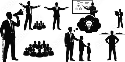 Business silhouette vector set with leadership, teamwork, planning, presentation, mentorship, innovation, audience, flowchart, and professional gestures