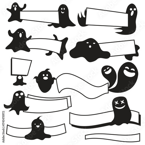 Cute little black ghost with banner sign