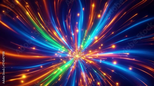 Explosive energy burst vibrant light streaks radiating outwards abstract cosmic nebula explosion dynamic motion