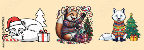 Festive foxes celebrating the winter holidays with gifts and christmas trees